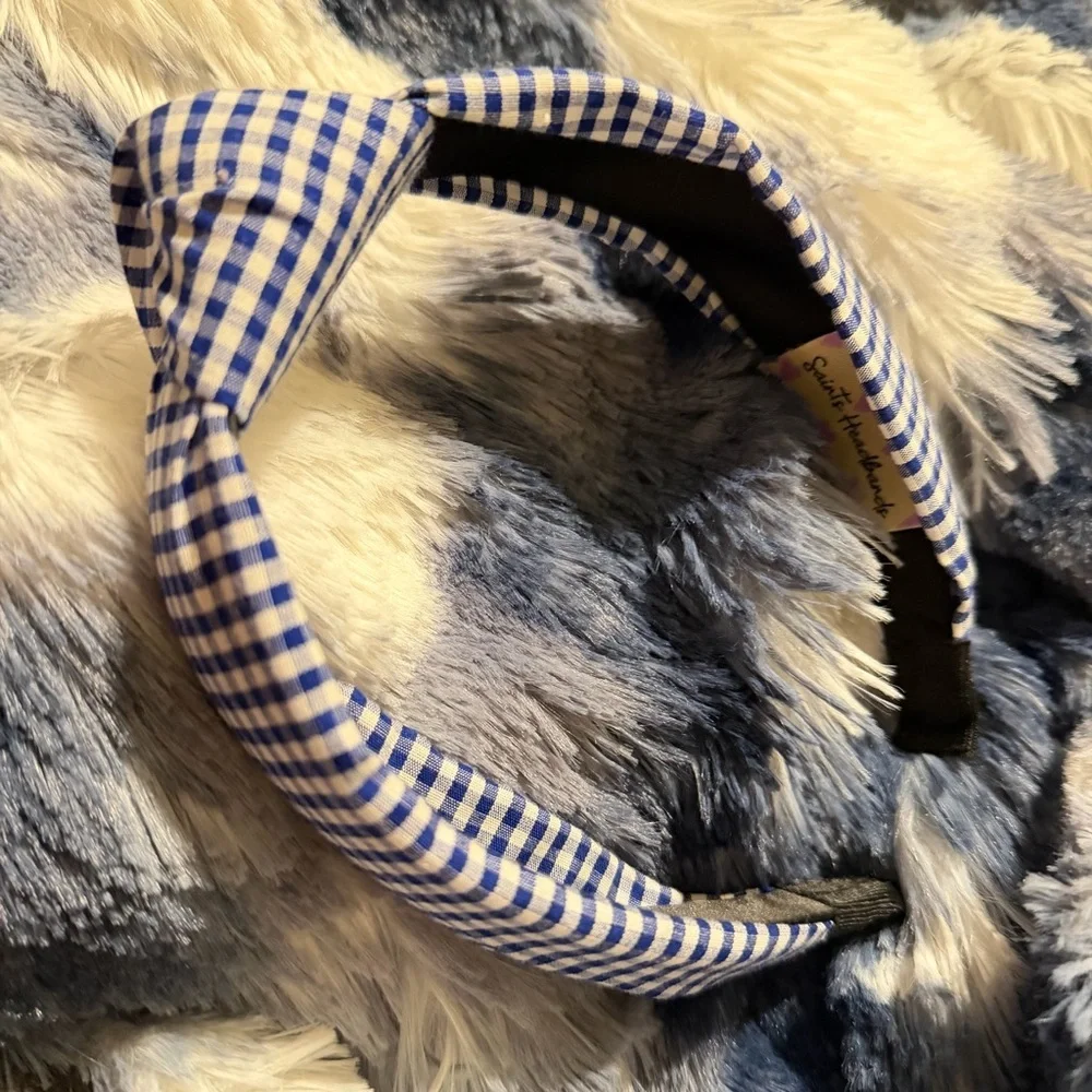 Set of 3 Padded Headbands Blue Gingham Black Velvet & Solid Blue Wide  Headbands